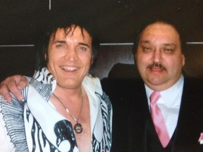 Elvis tribute artist Daylin James and George Sanderson share a moment at Sanderson's seventh annual dinner in support of the Canadian Breast Cancer Foundation. This year's event goes at the Marigold Restaurant on Aug. 19.