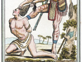 An 18th-century image shows an Iroquois warrior brutally restraining a prisoner of war. (Special to Postmedia Network)