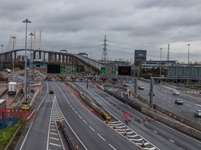 Storm Katie closes the M25 Dartford crossing in Dartford, United Kingdom on March 28, 2016 due to 80 MPH winds. (WENN.com)