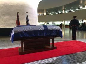 Rob Ford's casket in the rotunda of City Hall Monday, March 28, 2016. (Craig Robertson/Toronto Sun)