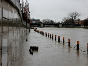 The Lower Thames Valley Conservation Authority is monitoring the river, which has experienced rising levels due to the recent rainfall. Shown is the water-covered walkway beside the river in downtown Chatham. (Trevor Terfloth, The Daily News)