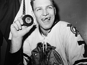 This iconic photo of Point Anne native Bobby Hull shows The Golden Jet holding a  puck after scoring 50 goals in a season during the 1960s. Fifty years ago this month, Hull broke the previous NHL record for most goals in a season with his 51st. (NHL Archives)