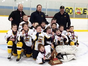 WOAA Neilson champs - The Mitchell Atom AE's are, back row (left): Jim Crowley (trainer), Cain Templeman (coach), Brian Mills (assistant coach). Third row (left): Evan O’Rourke, Ethan Meinen, Blake Redfern, Jake Crowley, Brayden Glauser, Logan Ruby, Caleb Templeman. Second row (left): Kyle Mills, Lucas Roobroeck, James McCarthy, Noah Mann, Jaxen Hartwig. Front row is goalie Brennen Vanderkuylen. SUBMITTED