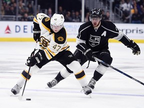 Bruins defenceman Torey Krug (left) moves the puck down the ice in front of Kings centre Anze Kopitar (right) during third period NHL action in Los Angeles on March 19, 2016. (Kelvin Kuo/USA TODAY Sports)