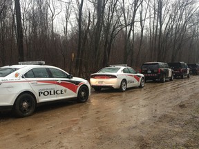 Police vehicles are shown in this photograph provided by the Anishinabeck Police Service. The body of a deceased man, idenitified as Delbert Anthony George, was found Friday at Kettle and Stony Point. George had been reported missing earlier in the week.
 Handout/Sarnia Observer/Postmedia Network