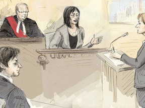 In this courtroom sketch, witness Lucy DeCoutere, second from right, is questioned by Crown attorney Corie Langdon, right, as Jian Ghomeshi, bottom left, and Justice William Horkins listen in court in Toronto on Thursday, Feb. 4, 2016. THE CANADIAN PRESS/Alexandra Newbould