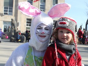 John Garrick smiles with the Easter Bunny before the annual Goderich Kinsmen Easter egg hunt at Courthouse Parkr on March 25.  (Laura Broadley/Goderich Signal Star)