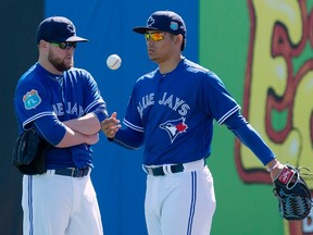 Toronto Blue Jays pitchers Drew Storen (left) and Roberto Osuna chat while shagging fly balls during batting practice at spring training in Dunedin, Fla., on Friday, March 4, 2016. (THE CANADIAN PRESS/Frank Gunn)