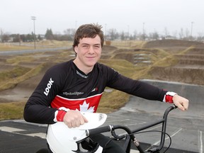 Kingston BMX racer Alex Wright sits on the start ramp of the Kingston BMX track on Monday. Wright leaves Wednesday for his first European races as a member of the Canadian national team. (Elliot Ferguson/The Whig-Standard)