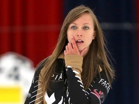 Team Homan skip Rachel Homan during the Finals against Team Carey at the 38th Annual Curlers Corner Autumn Gold Curling Classic at the Calgary Curling Club in Calgary on Monday October 12, 2015. Darren Makowichuk/Postmedia Network