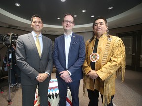 From the left: TRCM Commissioner Jamie Wilson, AMM President Chris Goertzen, and President of the TLEC, Chief Nelson Genaille. These three individuals held a news conference in Winnipeg Tuesday to unveil a plan that could lead to the development of more urban economic development zones across the province. (WINNIPEG SUN PHOTO)