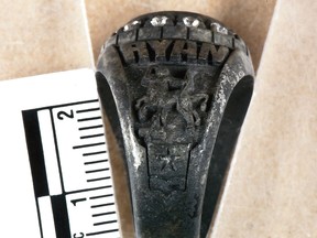 Ring identified as class ring belonging to murder victim Ryan Lane was found in a burn barrel along with bones lacking DNA. Evidence photo