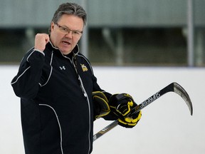 Brandon Wheat Kings owner/GM/coach Kelly McCrimmon leads a team practice at the Clareview Recreation Centre in Edmonton on March 29, 2016.