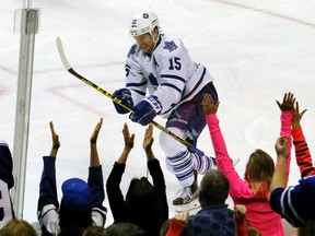 Maple Leafs forward P.A. Parenteau celebrates after scoring a third-period goal against the Florida Panthers on March 29, 2016. (JOE SKIPPER/AP)