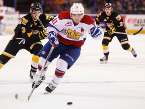 Edmonton's Luke Bertolucci (11) races past Brandon's Dominic Thom (3) during the second period of a WHL game between the Edmonton Oil Kings and the Brandon Wheat Kings at Rexall Place in Edmonton on January 1, 2016.