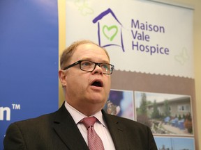 Kevin McCormick, board chair of Maison Vale Hospice, makes a point at the launch of the RBC Hike for Hospice Palliative Care at the RBC Royal Bank branch on Lasalle Boulevard in Sudbury, Ont. on Tuesday March 29, 2016. John Lappa/Sudbury Star/Postmedia Network