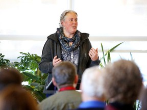 Daniela Stuewer, environmental education program manager, Lake Laurentian Conservation Area, addresses the crowd at the Coalition for a Liveable Sudbury  Project Impact funding announcement last year. (Gino Donato/Sudbury Star file photo)