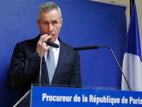 Paris Prosecutor, Francois Molins, addresses the media in Paris, Wednesday, March 30, 2016. Frenchman Reda Kriket, detained in the Paris region last week on suspicion of being in the "advanced stages" of a plot, is being questioned by a magistrate Wednesday who is expected to file preliminary terrorism charges. Authorities found a large quantity of explosives and weapons in Kriket's apartment. (AP Photo/Christophe Ena)