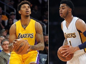 Lakers guard D'Angelo Russell (right) secretly recorded teammate Nick Young (left) talking about women other than fiancee Iggy Azalea, which has created tension in the locker room in recent days. (Gary A. Vasquez/USA TODAY Sports/Files)