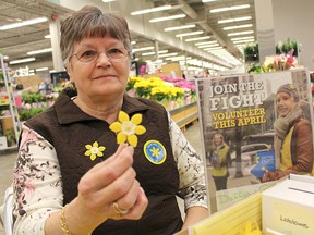 Myrna Glass is pictured in Sarnia last April, offering daffodil pins for donations on behalf of the Canadian Cancer Society. $86,000 was raised locally during Daffodil Month last year. (File photo)