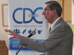 Tim Miller/The Intelligencer
Ed Bentley, Poverty Round Table steering committee member, speaks to a packed room at St. Thomas Anglican Church in Belleville during an announcement of a new program to combat poverty called Creating Community on Wednesday.