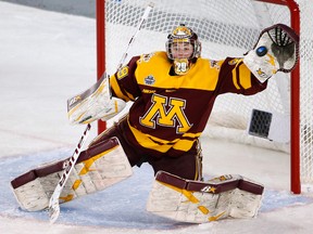 Minnesota goaltender Amanda Leveille, of Kingston, makes a glove save during the third period of a 3-1 win over Boston College in the NCAA women's hockey championship game in Durham, N.H., on March 20.
(Winslow Townson/The Associated Press)