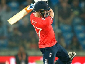 England’s Jason Roy bats during their Twenty20 World Cup semifinal against New Zealand on Wednesday. (AP)