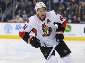Ottawa Senators forward Mark Stone forechecks during NHL action against the Winnipeg Jets in Winnipeg on Wednesday. Stone leads the NHL in forcing turnovers.