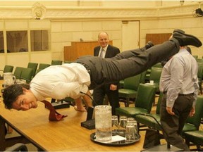 Justin Trudeau strikes a peacock yoga pose in 2011. GREG KOLZ