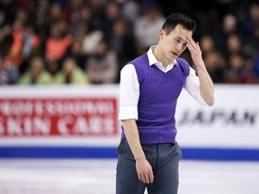 Patrick Chan of Canada reacts after finishing the short program during the ISU World Figure Skating Championships at TD Garden in Boston on March 30, 2016. (REUTERS/Brian Snyder)