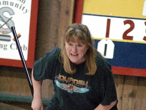 Sue Poole calls out instructions at the annual Winter Weasel bonspiel held on Saturday, March 26, at the Sydenham Community Curling Club.