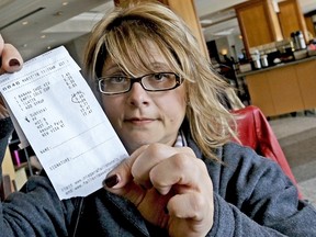 Tina Marchese, from Stoney Creek, was not happy to find out that the .86 cent PF (Promotional Fee) was part of her $17.47 coffee bill. She was also surprised to learn businesses are legally allowed to charge the fee, just as you are legally allowed to refuse to pay it. (Mike DiBattista/Postmedia Network)