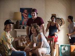 This image released by Paramount Pictures shows Austin Amelio, Tanner Kalina, Forrest Vickery, Tyler Hoechlin and Ryan Guzman in "Everybody Wants Some." (Van Redin/Paramount Pictures and Annapurna Pictures)