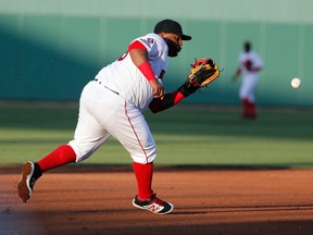 Red Sox third baseman Pablo Sandoval reaches out to grab a ground out by Yankees' Robert Refsnyder in the third inning of a spring training game in Fort Myers, Fla., on Tuesday, March 15, 2016. (Tony Gutierrez/AP Photo)