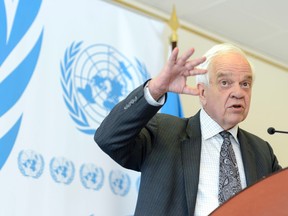 John McCallum, Minister of Immigration, Refugees and Citizenship, speaks at a press conference following his participation at the meeting on global responsibility sharing through pathways for admission of Syrian refugees, at the United Nations in Geneva, Switzerland, Wednesday, March 30, 2016. (Martial Trezzini/Keystone via AP)