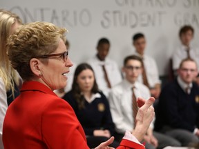 Ontario Premier Kathleen Wynne speaks to students at Regiopolis-Notre Dame Catholic High School about reforms to the student loan system on Thursday, March 31, 2016.
Elliot Ferguson/The Whig-Standard/Postmedia Network