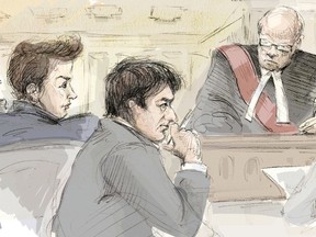 Defence council Danielle Robitaille, left, to right, Marie Henein, Jian Ghomeshi, Judge William Horkins an Crown prosecutor Michael Callaghan are seen during the reading of the verdict in the sexual assault case in this courtroom sketch in Toronto on Thursday, March 24, 2016. THE CANADIAN PRESS/Alexandra Newbould