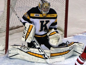 Kingston Frontenacs goalie Lucas Peressini in action during an Ontario Hockey League regular-season game at the Rogers K-Rock Centre.
(Whig-Standard file photo)