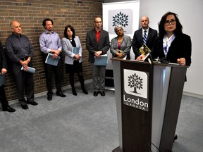 Ward 5 Coun. Maureen Cassidy, co-chair of the Mayor’s Advisory Panel on Poverty, speaks about the panel’s final recommendations at a news conference in London Ont. March 31, 2016. Pictured in the background are panel members Andrew Lockie (left), Glen Pearson, co-chair Christopher Mackie, Helene Berman, Abe Oudshoorn, Dharshi Lacey and Mayor Matt Brown. CHRIS MONTANINI\LONDONER\POSTMEDIA NETWORK