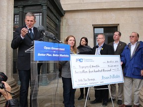Progressive Conservative leader Brian Pallister and his fellow Tory candidates join at the steps of the Manitoba legislature March 31, 2016 in a pledge to end the party allowance they deem a "vote tax." The Tories say this would save $2.4 million tax dollars over four years and take effect retroactively to include all of 2016 funding, if they are elected April 19. (JOYANNE PURSAGA/Winnipeg Sun/Postmedia Network)