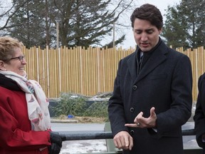 Prime Minister Justin Trudeau (right) and Ontario Premier Kathleen Wynne stand outside a panda enclosure at the Toronto Zoo on March 7. (THE CANADIAN PRESS/Chris Young)
