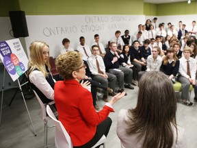 Ontario Premier Kathleen Wynne speaks to students at Regiopolis-Notre Dame Catholic High School about reforms to the student loan system on Thursday, March 31, 2016.
Elliot Ferguson/The Whig-Standard/Postmedia Network