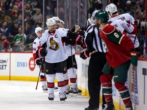 Ottawa Senators defenceman Erik Karlsson celebrates his goal in the second period against the Minnesota Wild at Xcel Energy Center in St. Paul, Minn., on March 31, 2016. (Brad Rempel/USA TODAY Sports)