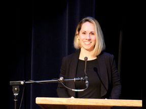 Retired moguls skier Jenn Heil gave students some career advice before relating to the struggles of finding the right job for them.   - Photo by Mitch Goldenberg