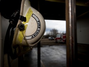 North West Fire Rescue’s (NWFR) fire chief David Ives’ helmet at the Alberta Beach fire hall on Monday, March 28, 2016. NWFR and the Lac Ste. Anne fire service have a dispute over who has jurisdiction to respond to emergencies on Alberta highways in Lac Ste. Anne County.  - Photo by Yasmin Mayne