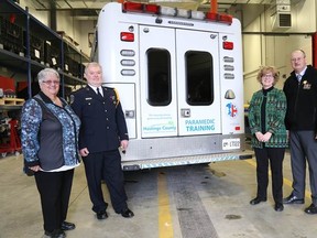 Submitted Photo
Hastings County donated a decommissioned ambulance to be used in Loyalist’s two-year Paramedic Ontario College diploma program. (Left to right) Bernice Jenkins, Hastings County councillor and chairwoman of the Hastings/Quinte Emergency Services; John O’Donnell, chief and director of emergency services, Hastings/Quinte Paramedic Services; Maureen Piercy, president and CEO, Loyalist College; and Rick Phillips, warden of Hastings County.