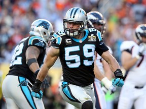 Carolina Panthers middle linebacker Luke Kuechly reacts after a play during the second quarter against the Denver Broncos in Super Bowl 50 at Levi's Stadium. (Matthew Emmons/USA TODAY Sports)