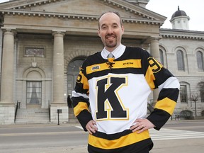 Kingston Mayor Bryan Paterson wears the team colours ahead of the Kingston Frontenacs' game 5 against Oshawa on Friday, April 1, 2016.  Elliot Ferguson/The Whig-Standard/Postmedia Network
Paterson, Bryan, Frontenacs