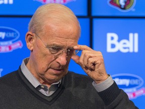 Ottawa Senators GM Bryan Murray addresses the media at the Canadian Tire Centre in Ottawa on Feb. 29, 2016 following the conclusion to the NHL trade deadline to discuss the day's activities. (Wayne Cuddington/Postmedia)