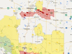 Alberta fire ban map for April 1, 2016. Fire ban = red. Fire advisory = yellow. Fire restriction = orange. (www.albertafirebans.ca)